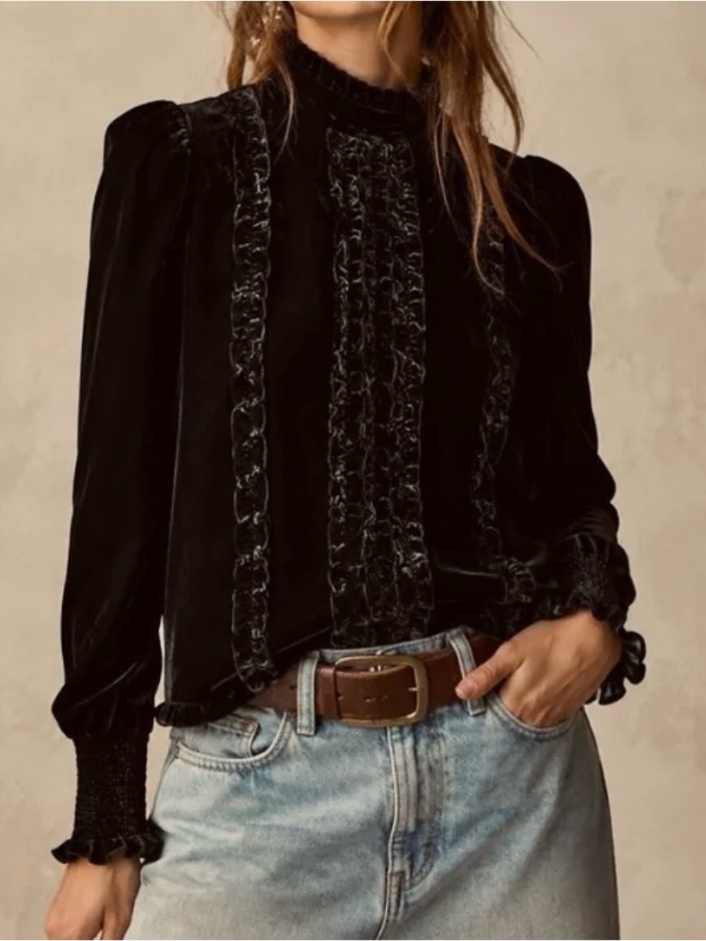 FRAME Velvet Victorian Front Ruffle Shirt Black Size Medium Goth Boho Textured